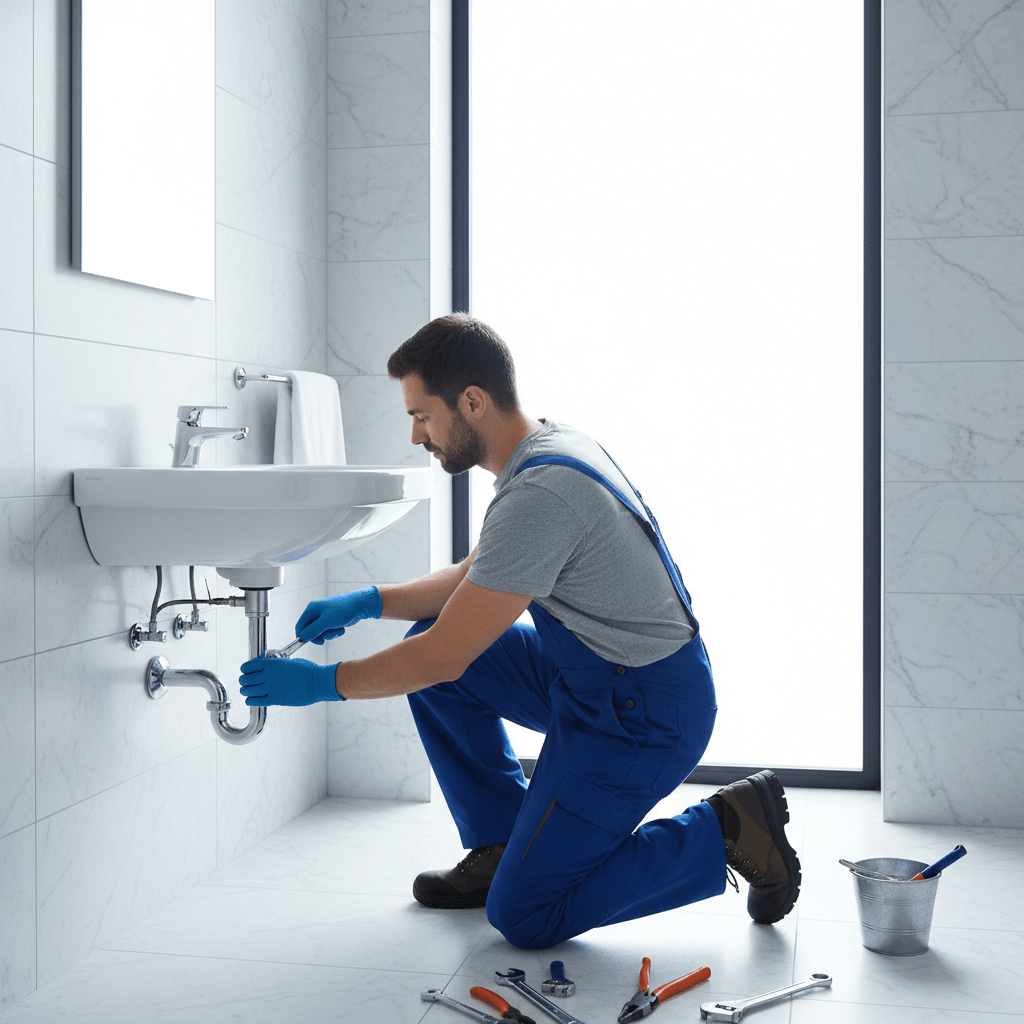 Fachmann bei der Abflussreinigung in einem Badezimmer